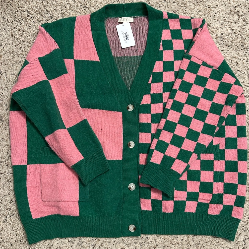 Pink and Green Checkered Cardigan